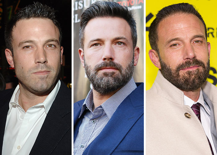 Actor Ben Affleck in three portraits showing his appearance changes over 2005, 2015, and 2025 in then and now shots.
