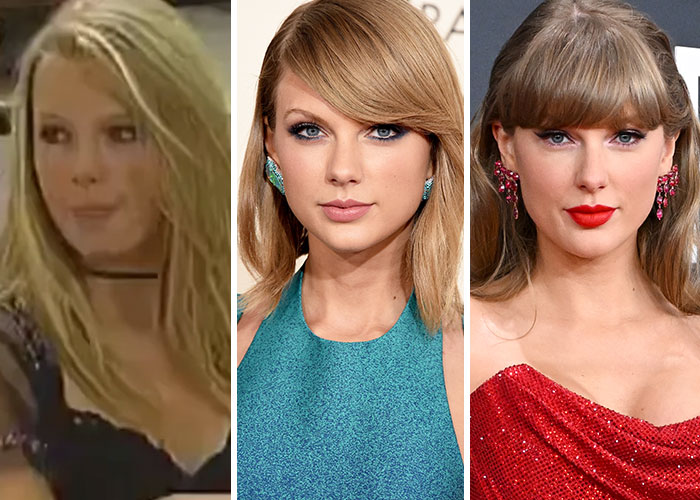 Taylor Swift in then and now shots from 2005, 2015, and 2025 showing star transformations over time.