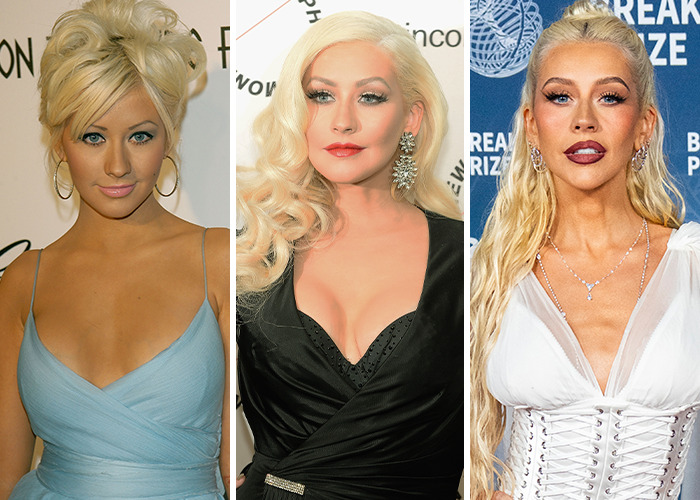 Christina Aguilera in 2005, 2015, and 2025 then and now shots showing her evolving star appearance and style.
