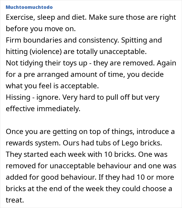 Text advice on managing kids behavior, addressing spitting and violence with firm boundaries and a rewards system.