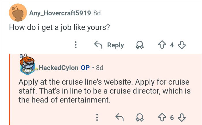 Reddit conversation showing cruise ship employees discussing how to apply and become cruise staff behind the scenes.