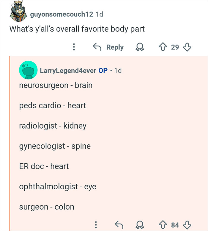 Reddit Q&A showing seven doctors naming their favorite body parts, highlighting expert medical perspectives in one room.