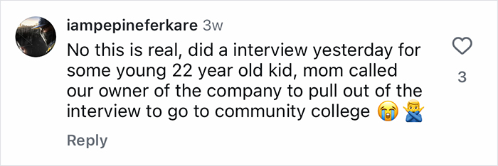 Screenshot of a social media comment describing a Gen-Z worker whose mom intervened with a company owner during a job interview.