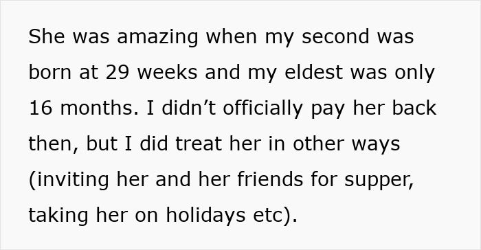 Text excerpt showing a personal story about support during pregnancy and family help with nieces and financial exchanges. Text excerpt showing a personal story about support during pregnancy and family help with nieces and financial exchanges.