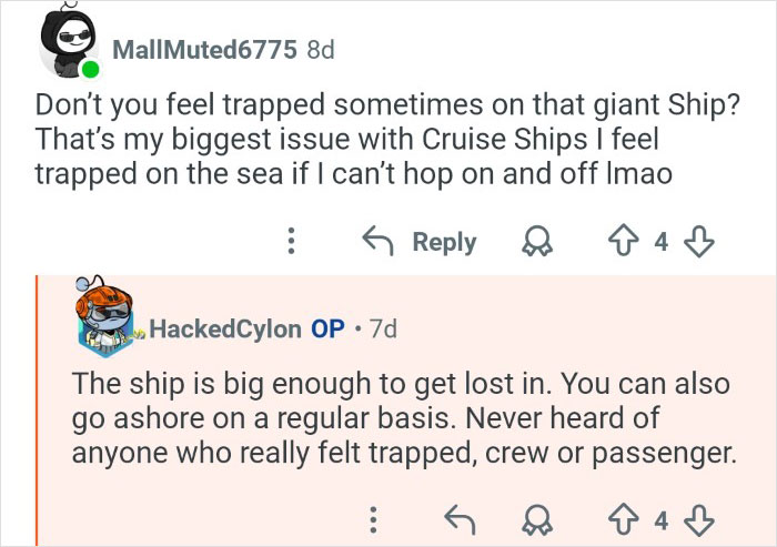 Text conversation showing cruise ship employees discussing feeling trapped on cruise ships and the reality of their workplace.