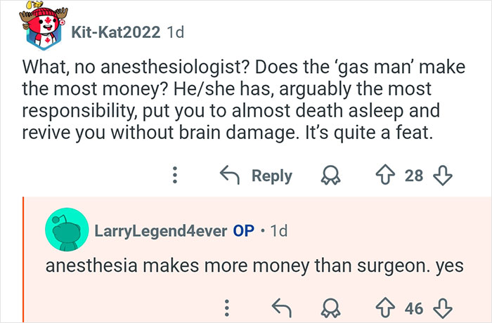 Reddit conversation about anesthesiologists and money in a discussion with doctors answering internet questions.