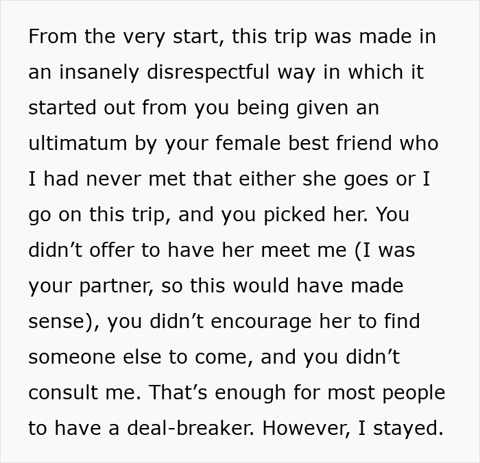Text excerpt describing a disrespectful trip involving a female best friend and relationship deal-breakers in a romantic context. Text excerpt describing a disrespectful trip involving a female best friend and relationship deal-breakers in a romantic context.