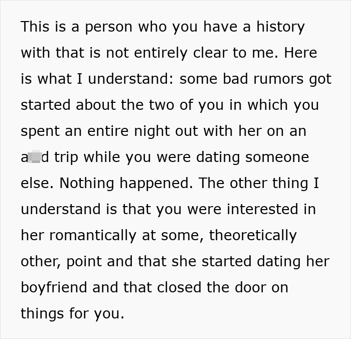 Text discussing a guy refusing to accept a break-up after going on a romantic trip with a female friend while dating someone else. Text discussing a guy refusing to accept a break-up after going on a romantic trip with a female friend while dating someone else.