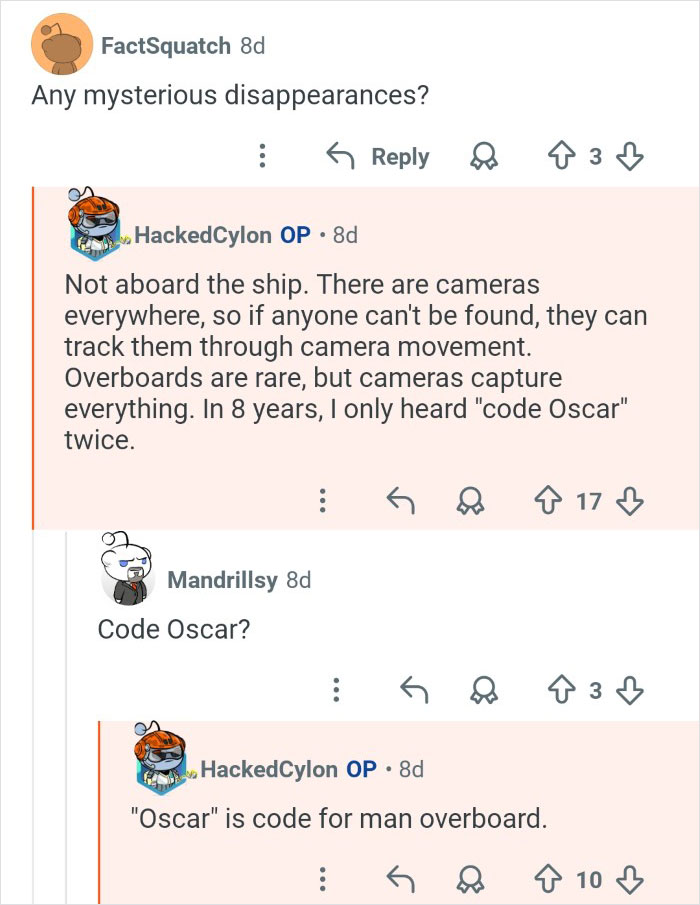 Reddit conversation where cruise ship employees discuss security measures and rare overboard incidents on the ship.