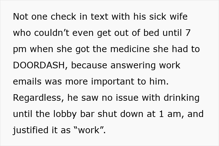 Text describing a man prioritizing work over his sick wife, ignoring her needs and focusing on emails late into the night. Text describing a man prioritizing work over his sick wife, ignoring her needs and focusing on emails late into the night.