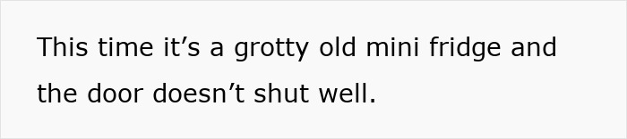 Text on white background describing a broken mini fridge with a faulty door linked to gifting broken stuff as a green practice.