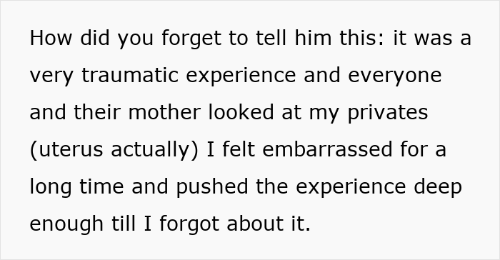 Text excerpt about a woman sharing her traumatic hysterectomy experience that her childfree fianc&eacute; did not know.