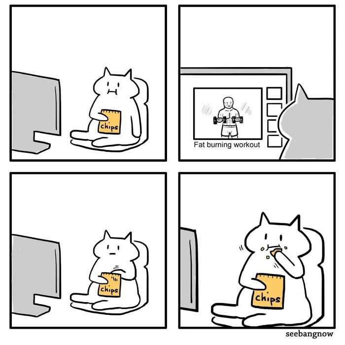 Cartoon cat from Xibang comics watching fat burning workout on TV while eating chips, showing honesty and drama.