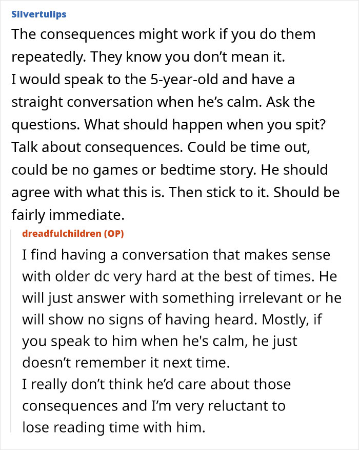 Alt text: Parenting advice on handling kids who started to spit with consequences and calm conversations about behavior expectations