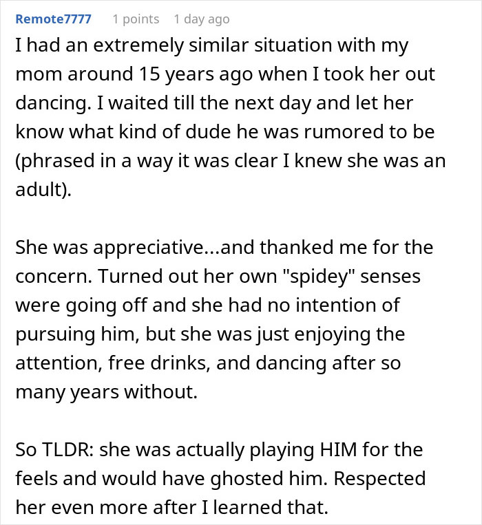 Comment sharing a story about a teen trying to cheer up his recently divorced mom by introducing her to a womanizer.