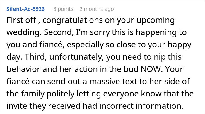 Comment discussing bride shocked after MIL sends secret wedding invites to protect family image and advice on handling it.