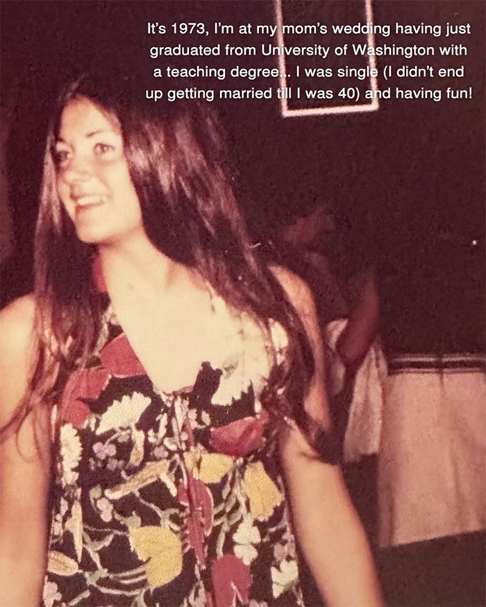 Young woman at a 1973 wedding smiling and looking away, part of aging progress shared after facelift at 70 years old.