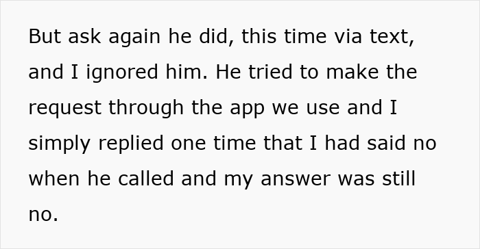 Text excerpt showing a wife ignoring her cheating husband's repeated requests to babysit his affair child. Text excerpt showing a wife ignoring her cheating husband's repeated requests to babysit his affair child.