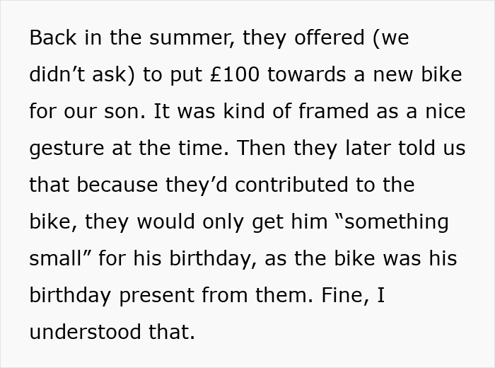 Text excerpt explaining grandparents combining birthday and Christmas gift contributions, leaving mom feeling scammed.
