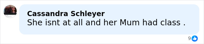 Screenshot of a Facebook comment responding to Claudia Schiffer&rsquo;s lookalike daughter&rsquo;s racy outfit with a defense of her and her mum&rsquo;s class.