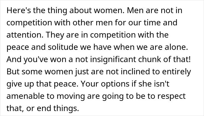 Text excerpt explaining relationship dynamics when a pregnant GF is refusing to move together, highlighting respect and options.