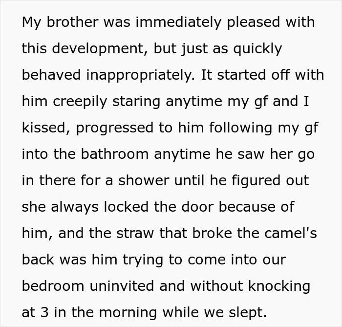 Text excerpt describing autistic brother's creepy behavior ignored by entitled parents treating him as golden child.