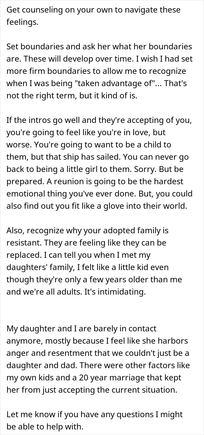 Text excerpt about navigating feelings and setting boundaries in reunions with biological and adoptive families after adoption.