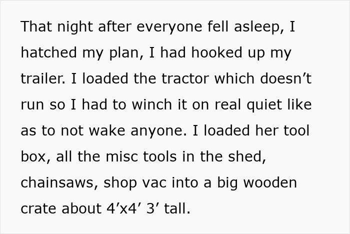 Plan to quietly load non-running inherited tractor and tools onto trailer for pettiness in toxic MIL family dispute.