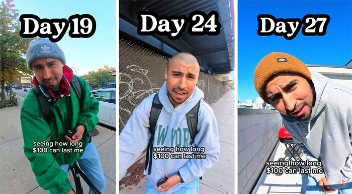 Comedian documenting survival journey in NYC on $100, shown on days 19, 24, and 27 with changing expressions.