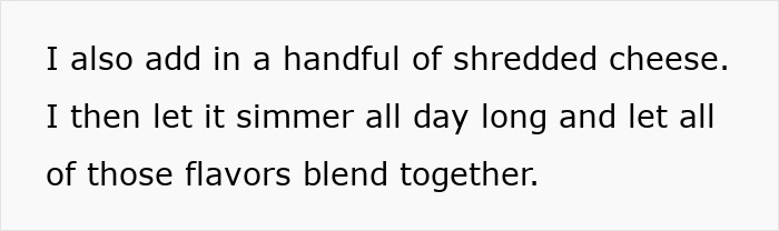 Text excerpt discussing adding shredded cheese and simmering for flavor in wild American food creations. Text excerpt discussing adding shredded cheese and simmering for flavor in wild American food creations.