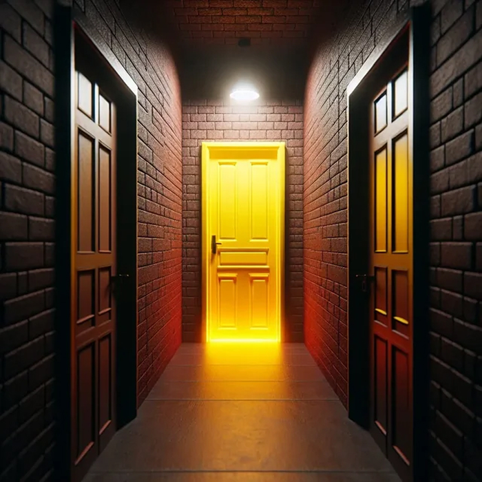 Dimly lit corridor with multiple doors and one glowing yellow door symbolizing scary games to play with friends IRL.