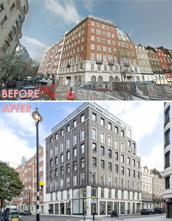 Before and after images of a building renovation showing ugly and unesthetic buildings harming modern architecture.