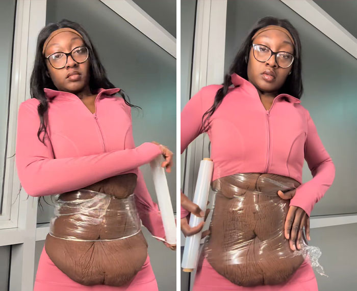 Woman demonstrating a trick to hide loose skin on her belly after massive weight loss using plastic wrap.