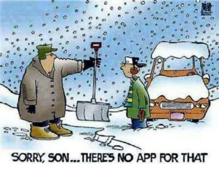 Cartoon showing a father with a snow shovel telling his son there&rsquo;s no app for snow removal, Gen X Gen Z Gen Alpha concept.