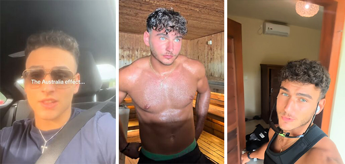 Three before and after pics showing Australia changes people with a young man in casual and relaxed settings indoors and in a sauna.