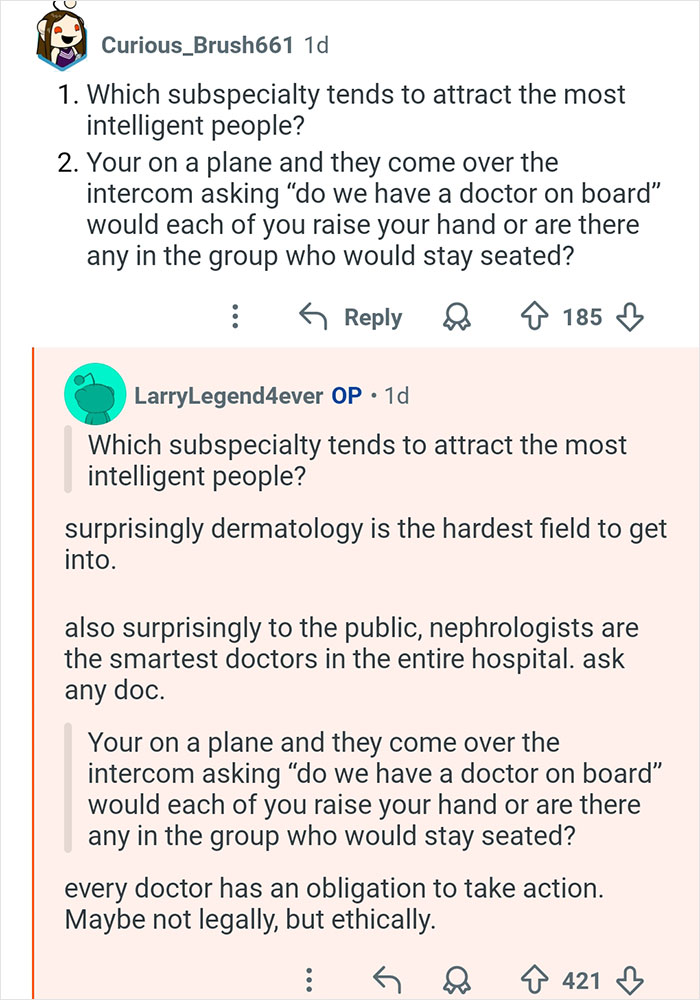 Reddit Q&A showing doctors discussing the smartest medical subspecialties and ethical duties during emergencies.