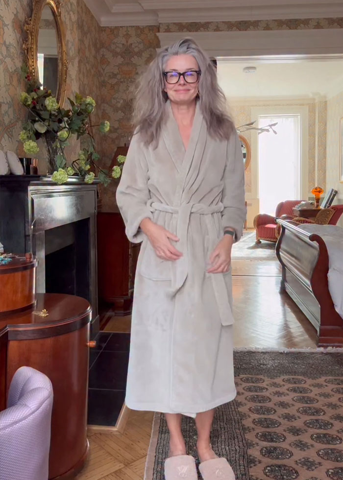 Paulina Porizkova, 60, in a beige robe and slippers, embracing her perfect imperfections in a cozy home setting. Paulina Porizkova, 60, in a beige robe and slippers, embracing her perfect imperfections in a cozy home setting.