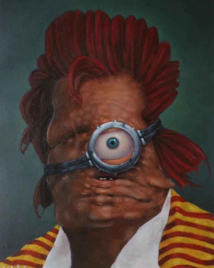 Creepy painting by Tyler Tilley featuring a distorted face with one large cyclops eye and red hair in horror art style.