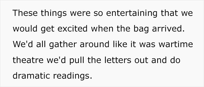 Text showing soldiers excitedly reading hilarious and savage letters from kids, describing dramatic wartime-style readings.