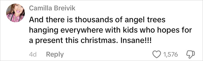 Comment by Camilla Breivik about kids hoping for presents this Christmas, reflecting viral mom and gift consumerism backlash.