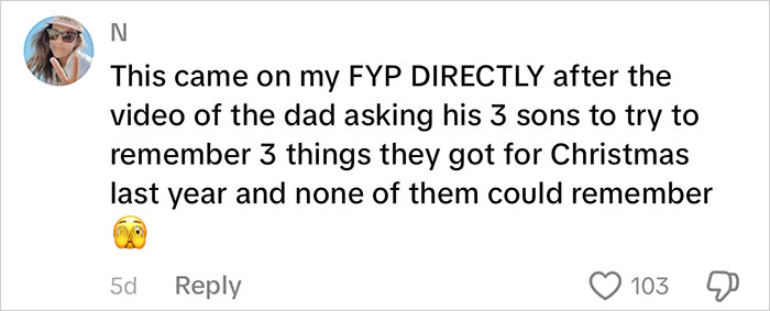 Comment on social media discussing viral mom receiving backlash for consumerism with kids' gifts.