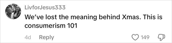 Screenshot of a social media comment saying consumerism 101 in response to a mom going viral for gifts for her kids.