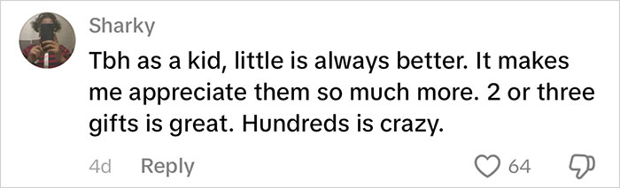 Comment from user Sharky discussing the perspective on gifts for kids and consumerism backlash.