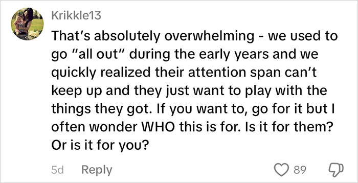 Comment discussing overwhelming amount of gifts for kids and questioning the impact of consumerism on children&rsquo;s attention span.