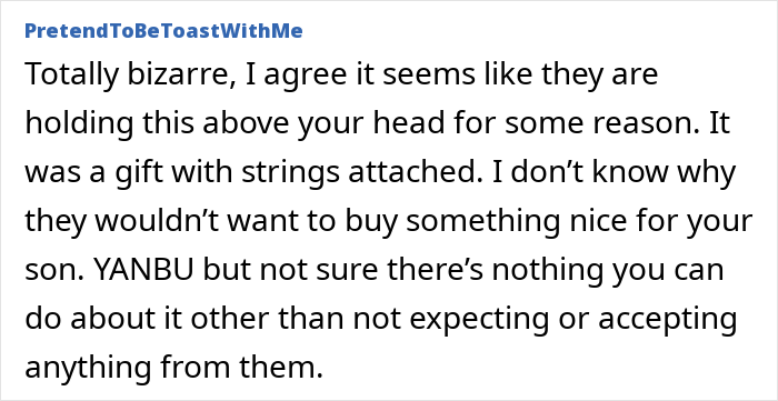 Comment discussing grandparents combining birthday and Christmas gift, leaving the mom feeling scammed and disappointed.