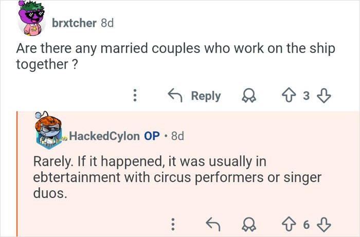 Cruise ship employees discussing uncommon married couples working together in entertainment roles behind the scenes.