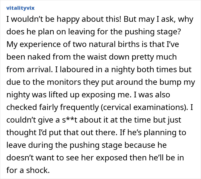 Comment expressing concern about partner&rsquo;s absence during first birth support experience and exposure during labor.