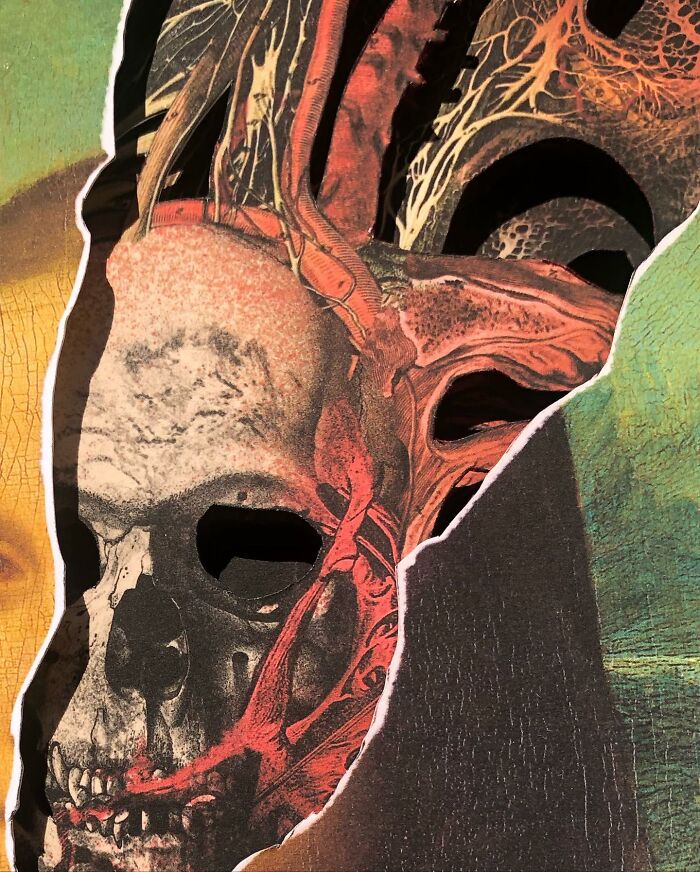 Intricate collage showing Mona Lisa with a torn section revealing a detailed skull and anatomical elements underneath.