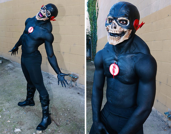 Person in a muscle suit and skull mask wearing a creepy flash-inspired Halloween costume for celebrity Halloween costumes.