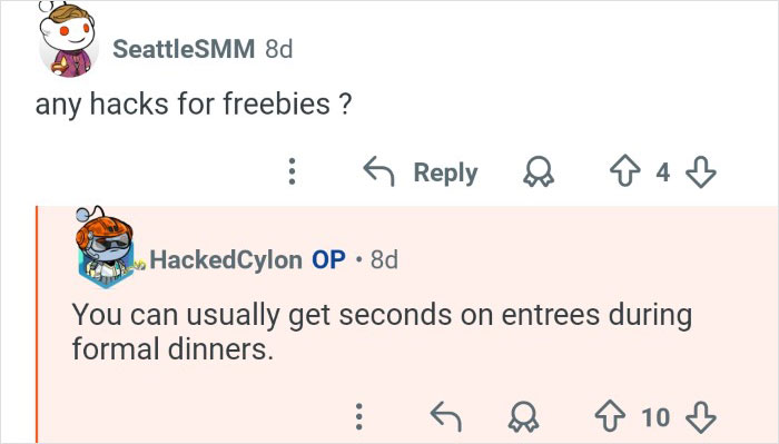 Online discussion where cruise ship employees share behind the scenes tips and workplace hacks during formal dinners.